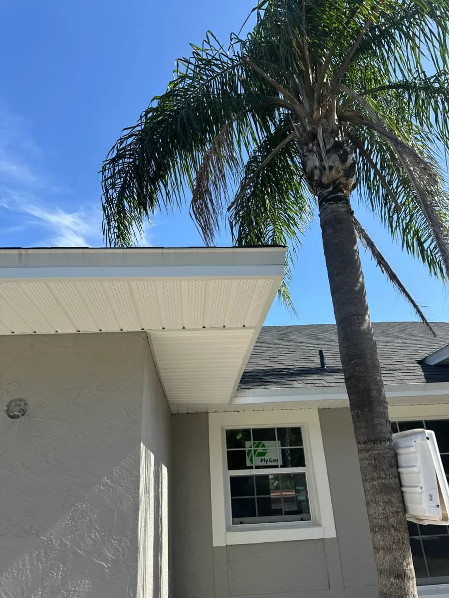 White soffit installation on new construction home with palm tree - Central Florida