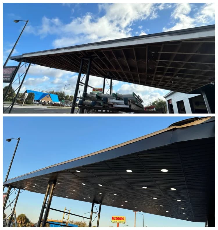 Commercial soffit installation before and after - gas station canopy soffit replacement with black aluminum panels